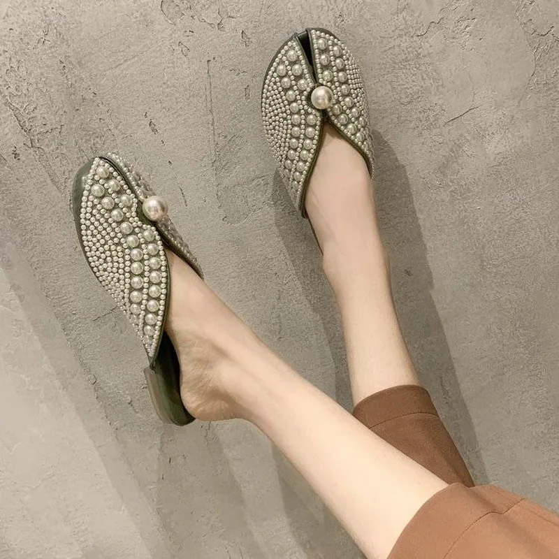 Шлепанцы домашние женские цвета хаки желтый зеленый с жемчугом закрытым носком