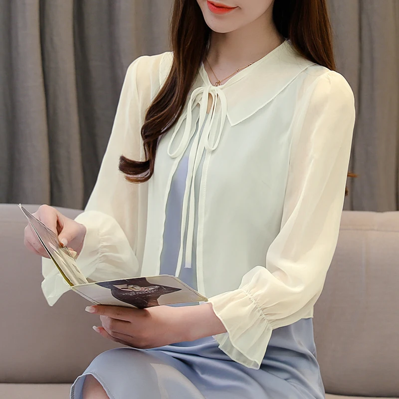 Повседневный Кардиган шифоновая рубашка с бантом и Расклешенным рукавом блузка