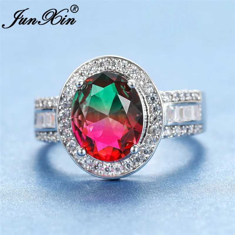 Luxury Big Oval Mystic Rainbow Fire Crystal Rings For Women Silver Colorful Rose Red Green Zircon Wedding Bands Boho Jewelry | Украшения и
