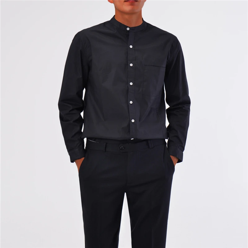 Рубашка мужская с воротником стойкой повседневная приталенная блузка на