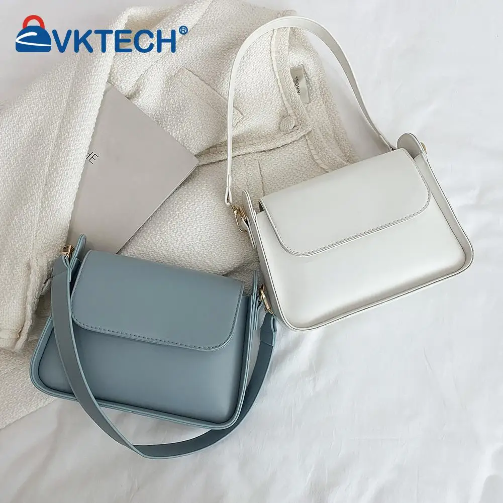 

Summer Female Solid Color Underam Bags Ladies PU Leather Square Shoulder Bags Wide Strap Flap Shopping Handbags