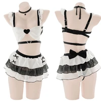 janpanese anime girl black white cake skirt underwear sexy bowknot hollow out bandage pajamas lolita soft sister nightdress set