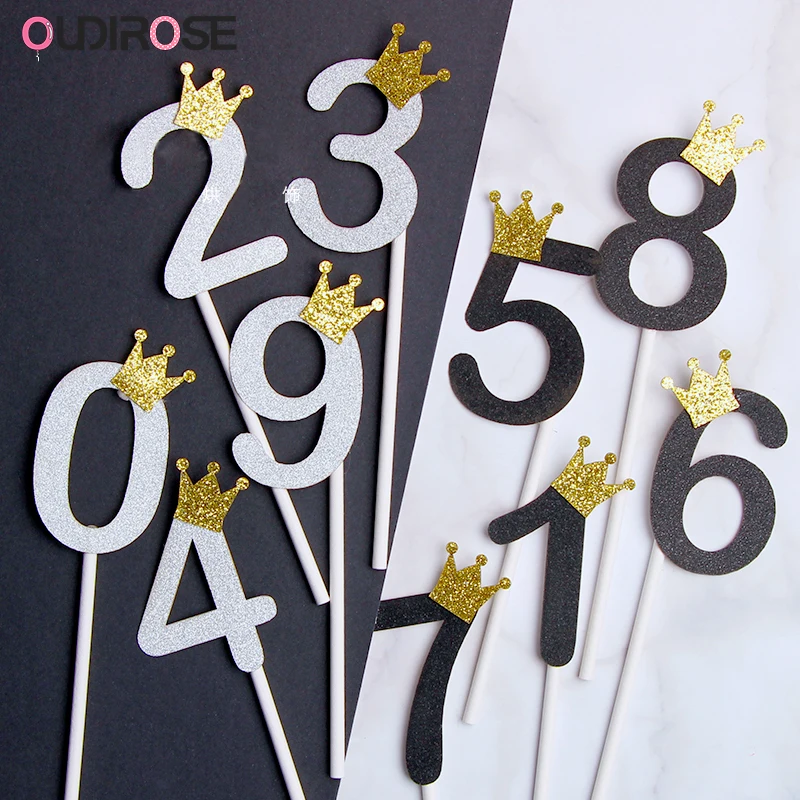 Блестящий Топпер для капкейков с короной и номером серебристый/черный 0 9