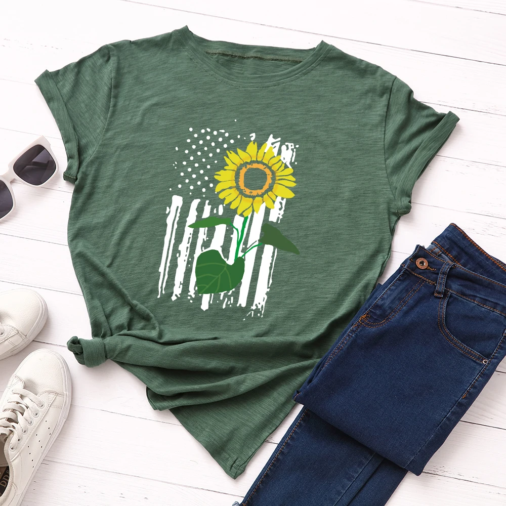 

Sunflower Plant Print Shirt Women Short Sleeve Cotton T-Shirts Graphic Tees Summer Tee Tops for Female Casual Oversized Clothes