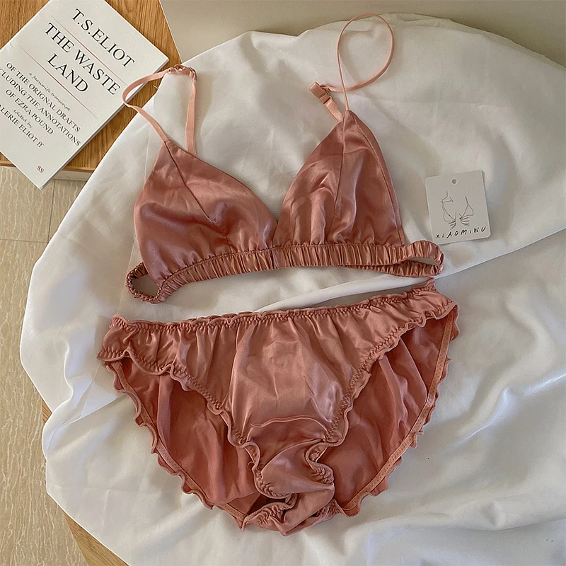 

Wriufred Sexy bralette women comfortable bra set silk girl wirefree underwear triangle cup ulta-thin lingerie with panties