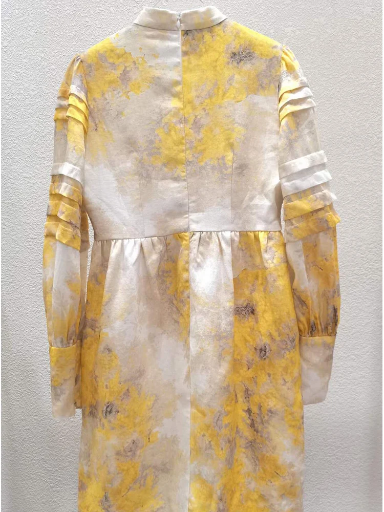 

2021 spring new style cotton and linen ink printing stand-up collar palace long sleeves single breasted slim dress skirt