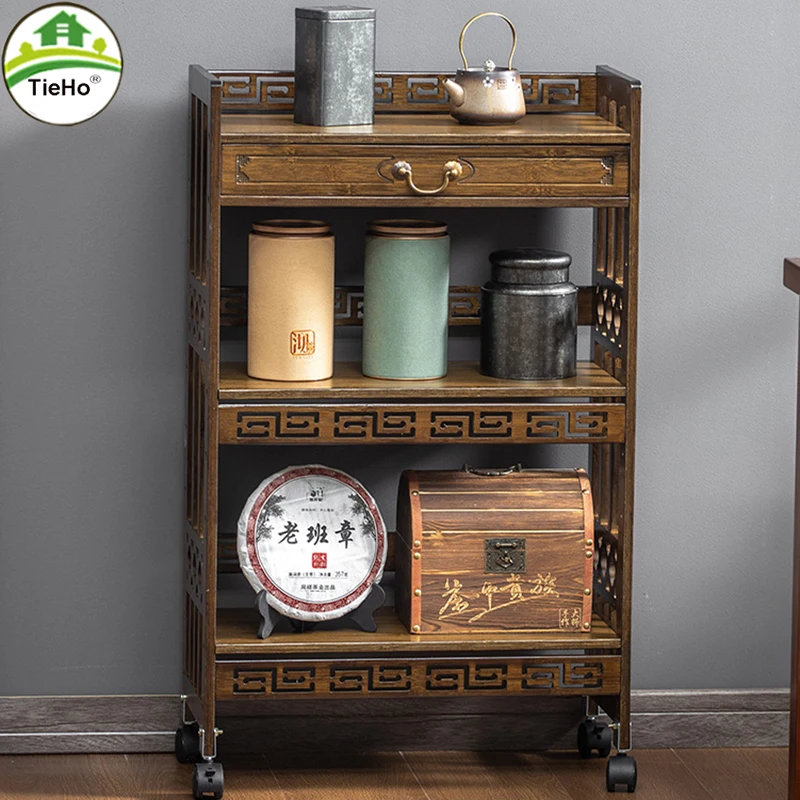 tieho kitchen shelf retro teapots shelf rack new chinese tea set rack tea storage cabinet bamboo floor kitchen storage shelf free global shipping