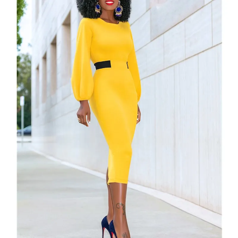 Женское облегающее платье с круглым вырезом и длинным рукавом офисное