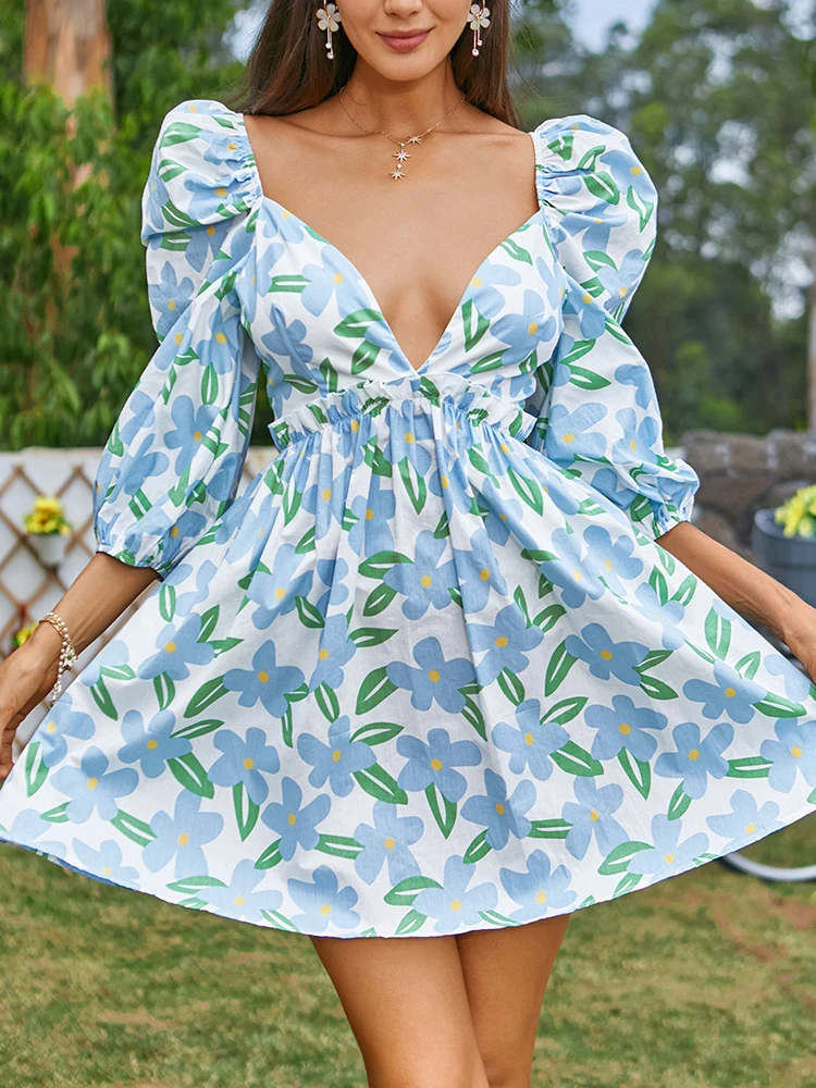 

V medium sleeve print dress 2021 summer new high waist bubble sleeve skirt