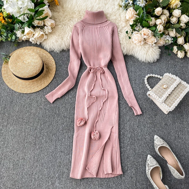 Облегающий вязаный свитер с высоким воротником на осень и зиму длинное