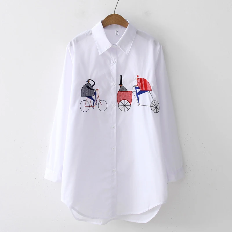 New White Shirt Casual Button Up Turn Down Collar Female Blouse Long Sleeve Cotton Blouse Embroidery Blouse Lady 5083 50