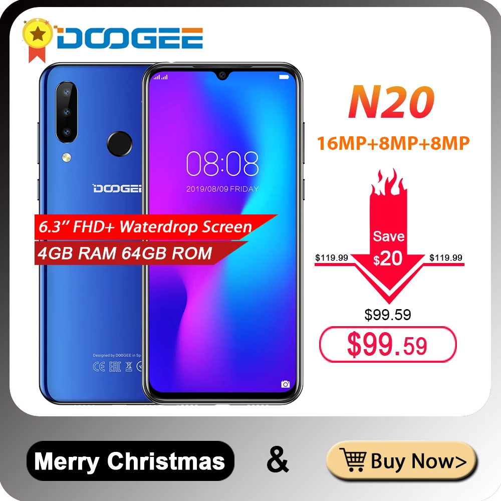 DOOGEE N20 Тройная задняя камера 16 МП мобильный телефон 6 3 дюймов FHD + дисплей 4 Гб 64 MT6763