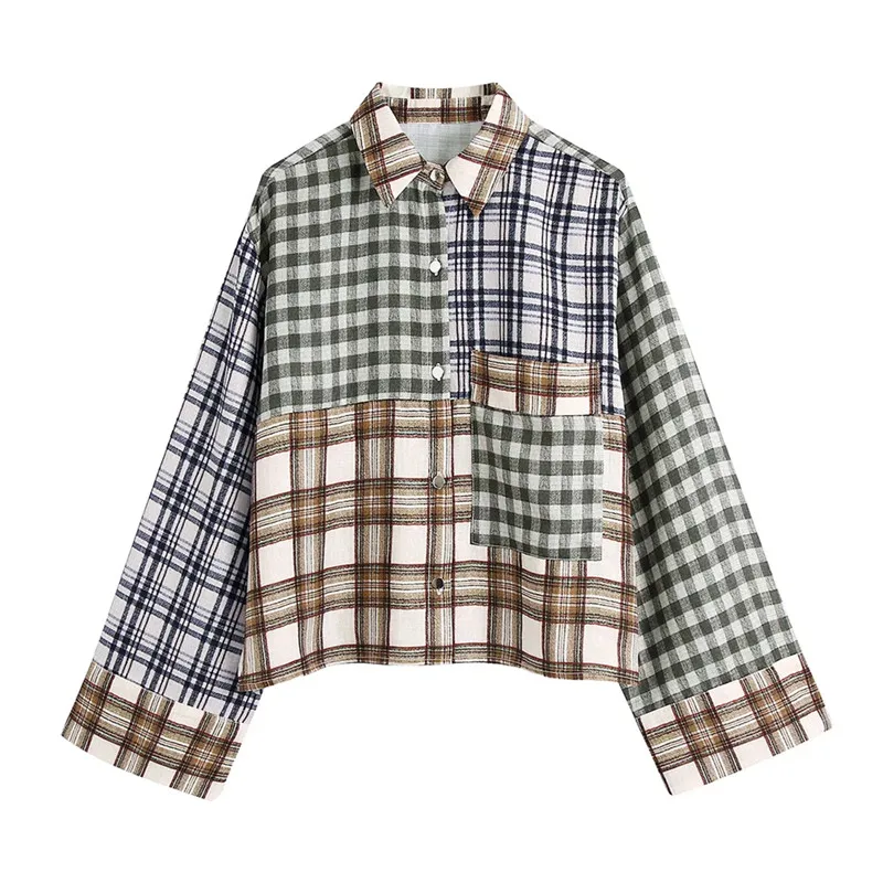 

ZA 2021 Winter new women's clothing fashionable versatile elegant casual European and American style retro patchwork plaid shirt