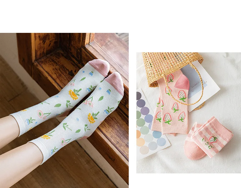 

New women's socks Xuan Ya fruit tube socks women's ins street style cotton socks Harajuku trendy socks 5 pairs/piece