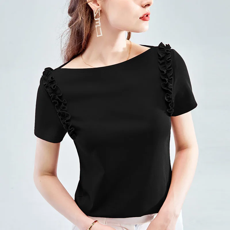 

Short sleeve T-shirt with auricle edge for women's new summer women's wear western style cotton T-shirt