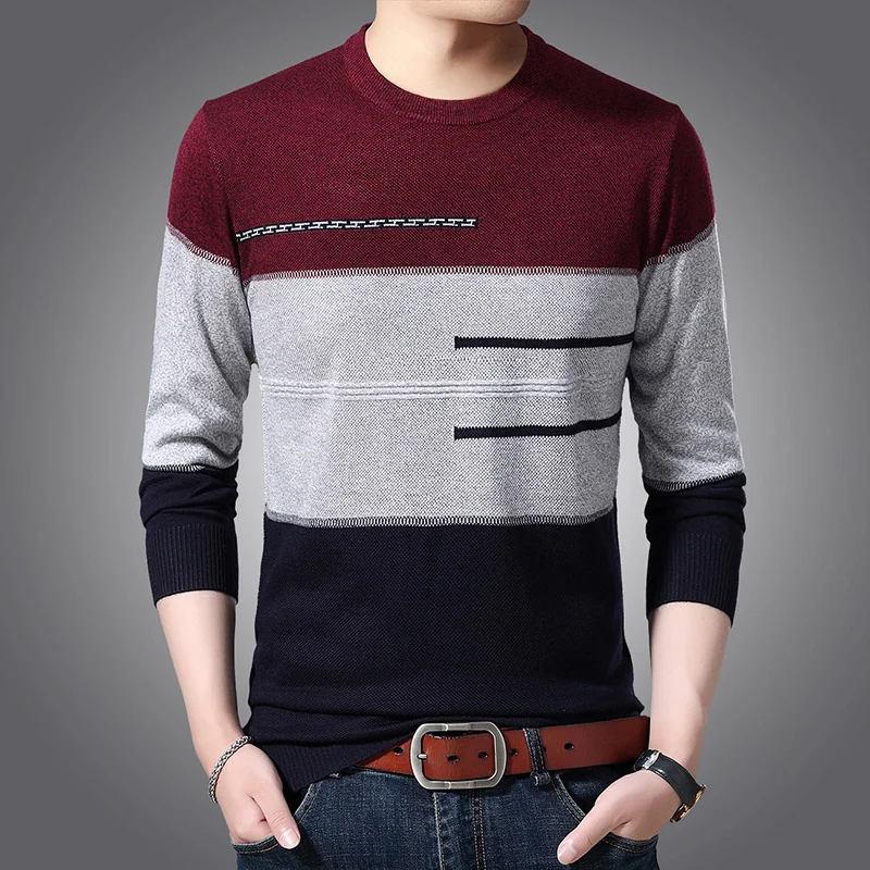 Men 2021 Sweaters New Pullover Brand O-Neck Striped Slim Fit Jumpers Knitwear Winter Korean Style Casual Mens Clothes Masculina