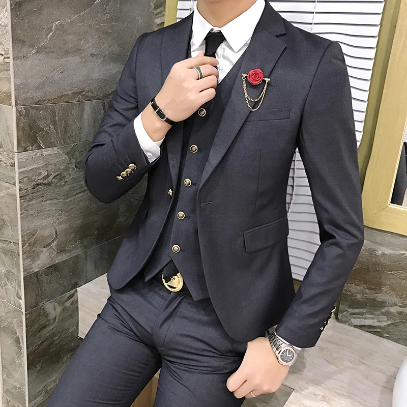 

2021 New Mens Suit 3 Pcs Set Fashion Single Button Solid Color Wedding Dress Men Slim Business Banquet Formal Dress