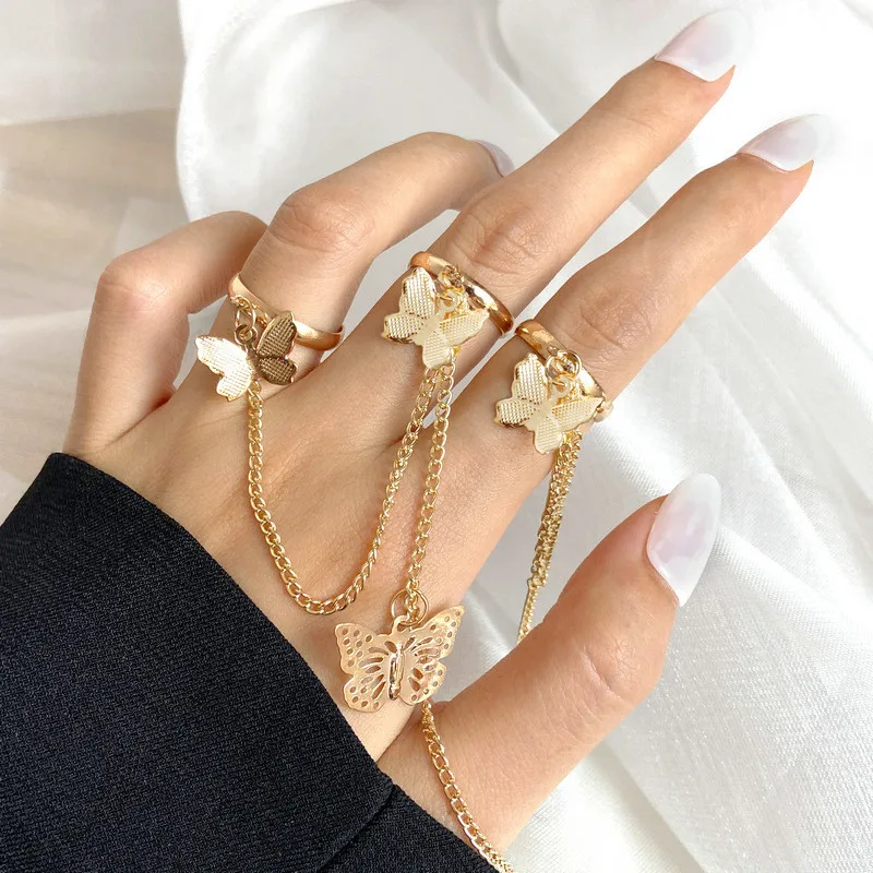 

Punk Cool Hip Pop Rings Multi-layer Adjustable Chain Four Open Finger Rings Alloy Man Rotate Rings for Women Party Gift