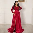 Платье женское вечернее атласное ТРАПЕЦИЕВИДНОЕ с V-образным вырезом и длинными рукавами