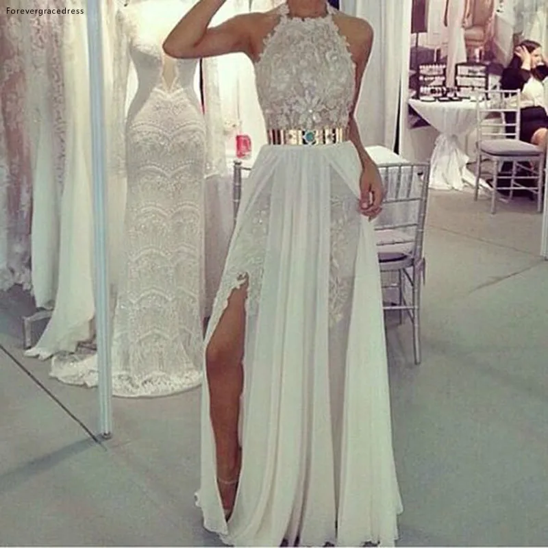 

Beautiful Halter Lace Prom Dress Sexy White A Line Chiffon Side Slit Long Party Gown