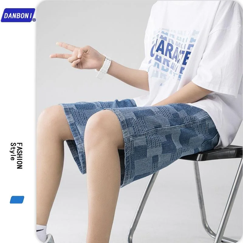 

Summer New Thin Denim Shorts Mens Trend Loose Five-point Pants Ins Fashion Plaid Denim Shorts Men -40