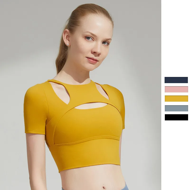 

Yoga Clothes Spring And Summer New Female Short-Sleeved T-Shirt Waist Waist Beauty Straps Chest Pad Showing Chest Nude Fitness