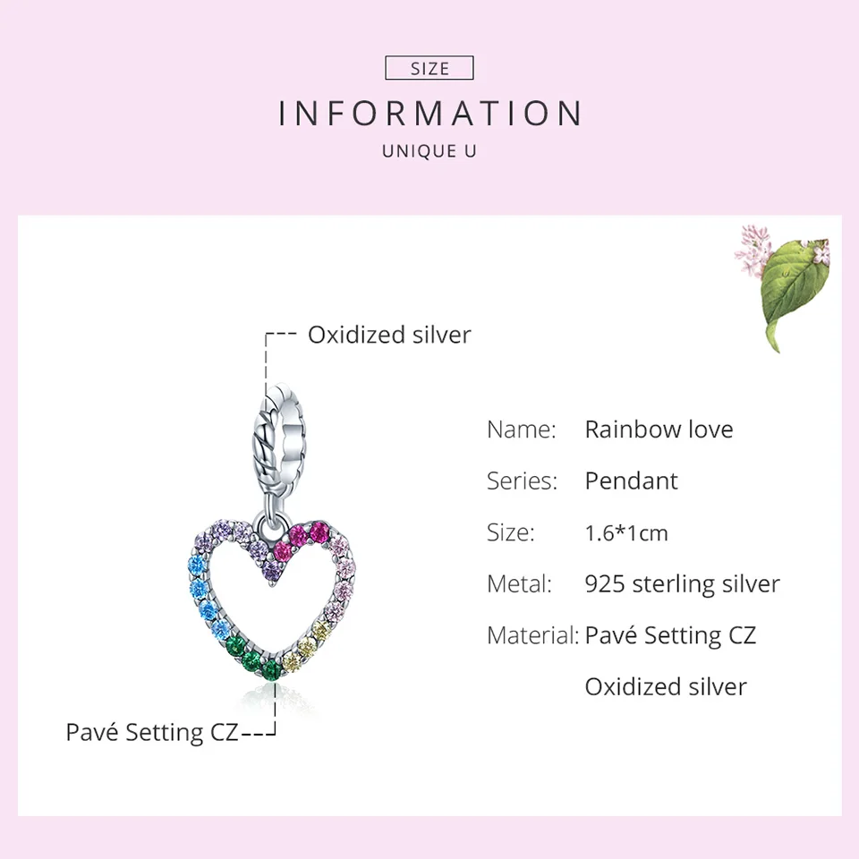 

WOSTU 925 Sterling Silver Zircon Rainbow Heart Charms Pendant Fit Women Girl Bracelets Cute Fashion Jewelry Making Gift DXC1851
