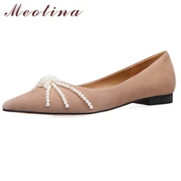 meotina genuine leather flat shoes kid suede women flats shoes string bead ladies dress footwear pointed toe slip on footwear