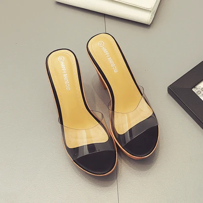 Summer new Korean version of the beach transparent thick with slippers waterproof platform high heel platform sandals - Цвет: Черный