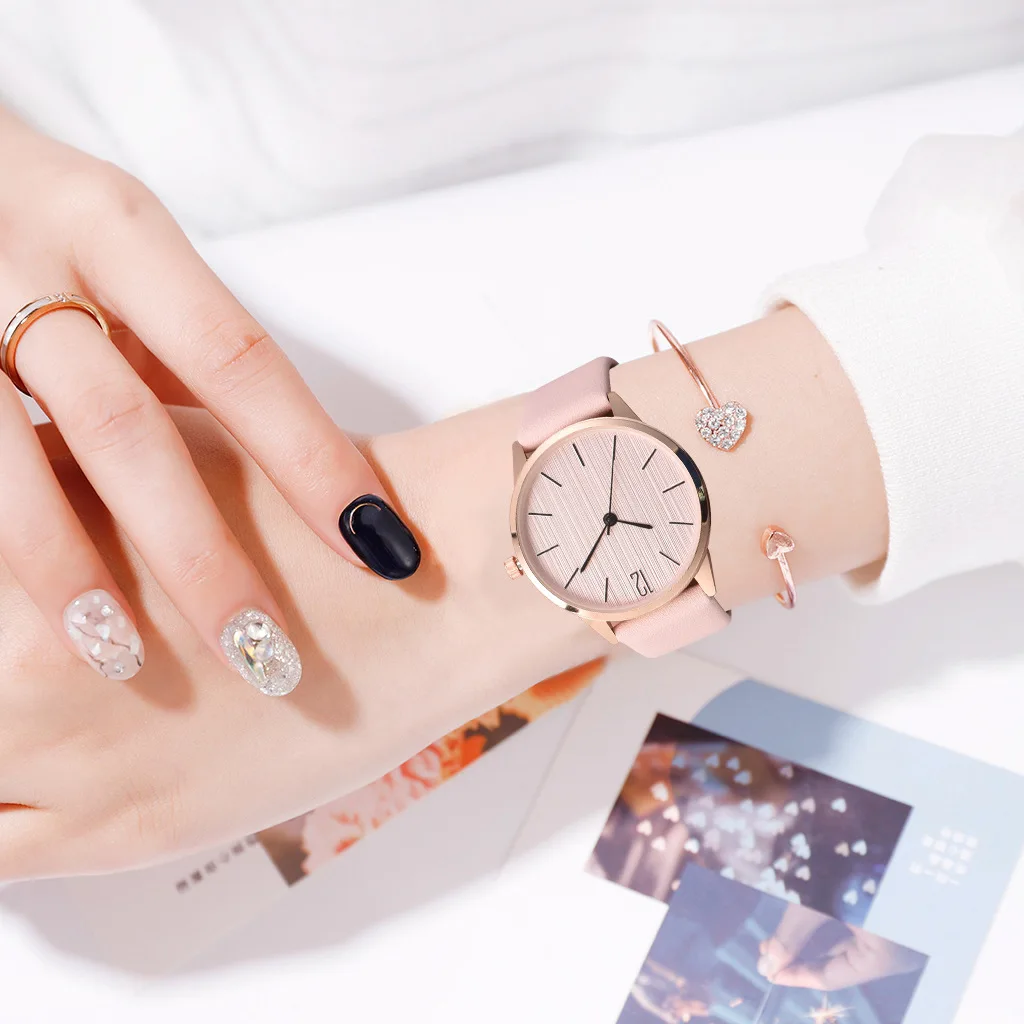 Часы наручные женские с браслетом Модные Простые аналоговые кварцевые кожаным