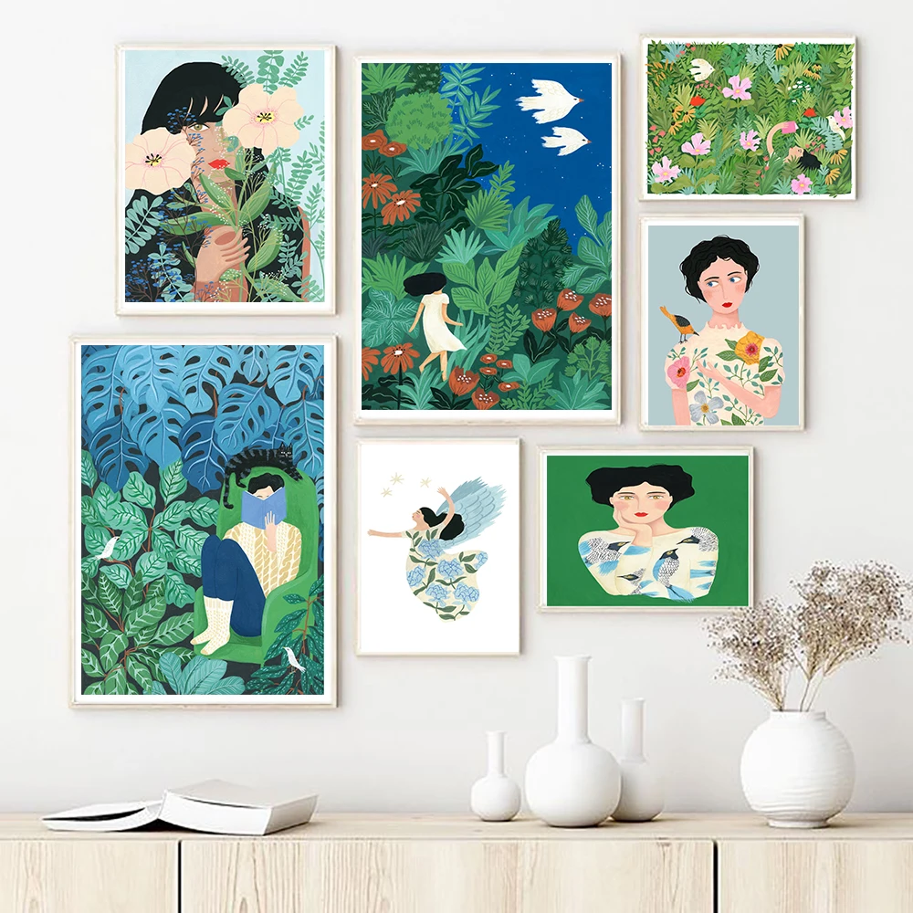 

Nordic Abstract Beauty Summer Picnic View Pictures Yoga Girl Canvas Painting Plants Wall Art Posters Interior Living Room Decor