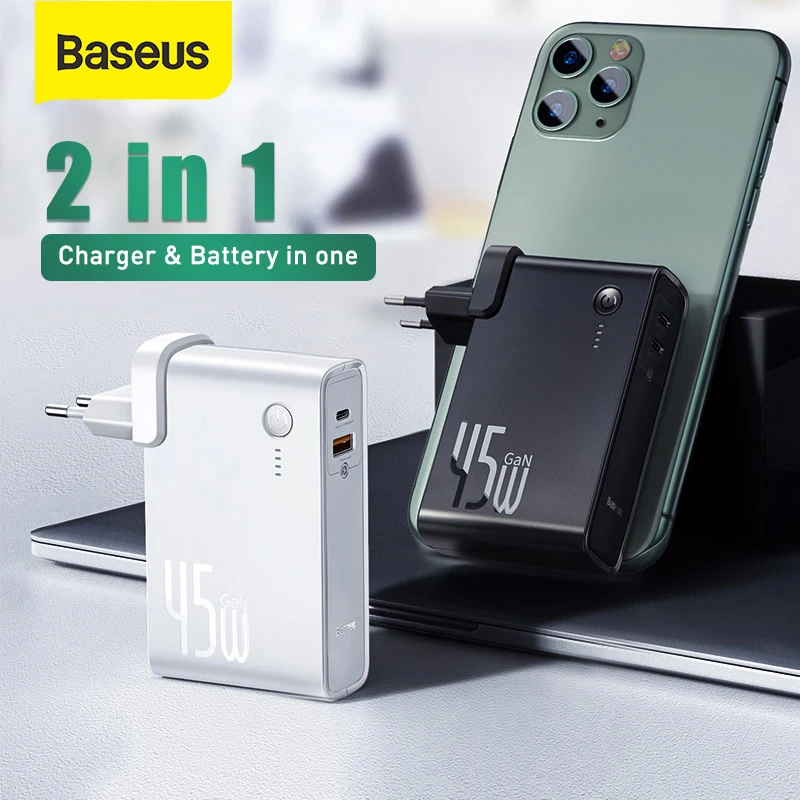 

Baseus Power Bank 10000mAh 45W GaN Charger USB C PD Fast Charging 2 in 1 Charger & Battery as One ForiP 11 Pro Laptop ForXiaomi