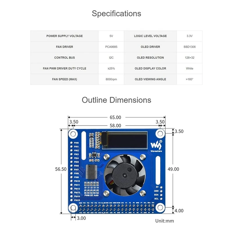 Шляпа вентилятора Waveshare ШИМ управляемый для Raspberry Pi с монитором температуры