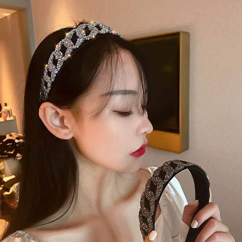 

2021 new rhinestone alloy chain headband fashion hair accessories women black wide-brimmed luxury hairband