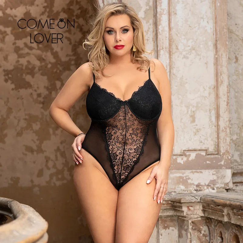 

Comeonlover Women's Lace Bodysuit Oversized 5XL Transparent Body Spaghetti Strap Mesh Bodysuit Underwired Push Up Black Jumpsuit
