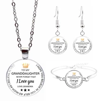 to my granddaughter love grandma glass pendant necklace bracelet earrings jewelry set totally 4pcs for womens fashion jewelry