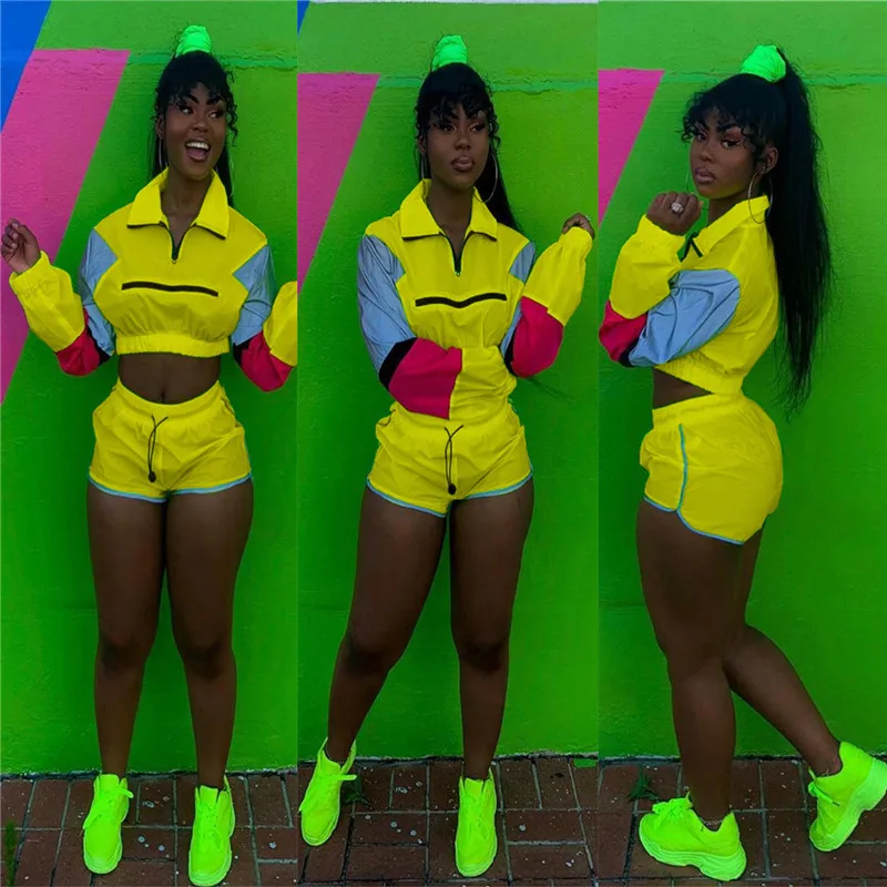 Women's Tracksuit Two Piece Set Long Sleeve Turn-down Collar Crop Top and Biker Shorts Casual Sweat Suit Jogger 2 Piece Outfits