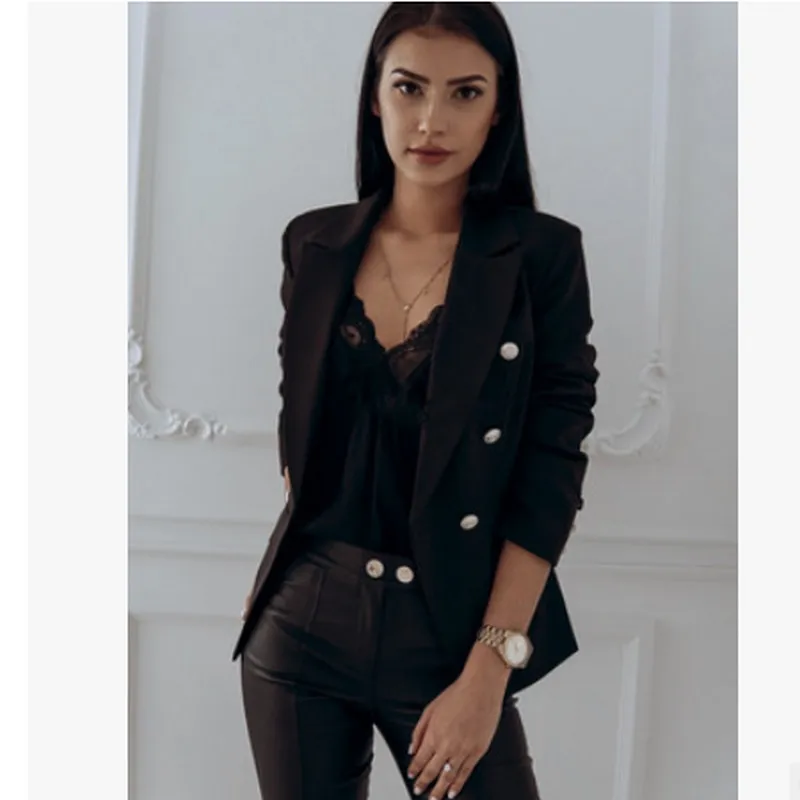

2019 Autumn Winter Womens Coat Elegant Long Sleeve Solid Color High Quality Blazer Metal Buckle Double Breasted Small Suit Hot