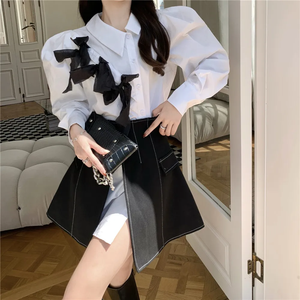 

Женская Офисная рубашка с длинным рукавом, юбка-рубашка с разрезом, черная рубашка с бантом, женское платье, женские топы, 952H