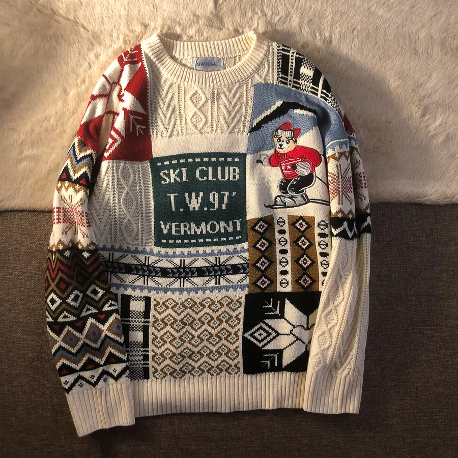 

2021 New Style Women Ski Club Bear Pullovers Sweater Female Cute Retro Cartoon Pattern Sweaters Lazy Style
