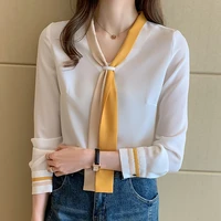 v neck tops women 2022 chiffon blouse long sleeve pullover white office lady blue korean fashion woman clothes chemisier femme