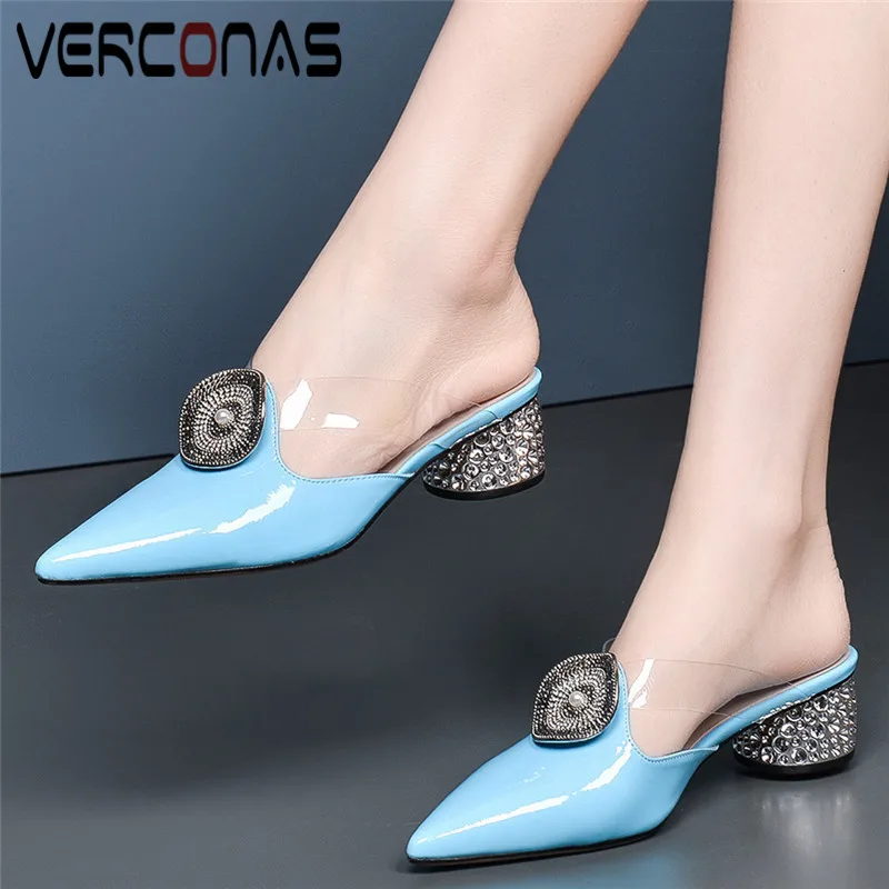 

VERCONAS Women Pearl Slippers Mules Metal Decoration Round Heel Pointed Toe Classic Design High Heeled Sandals Shoes Woman