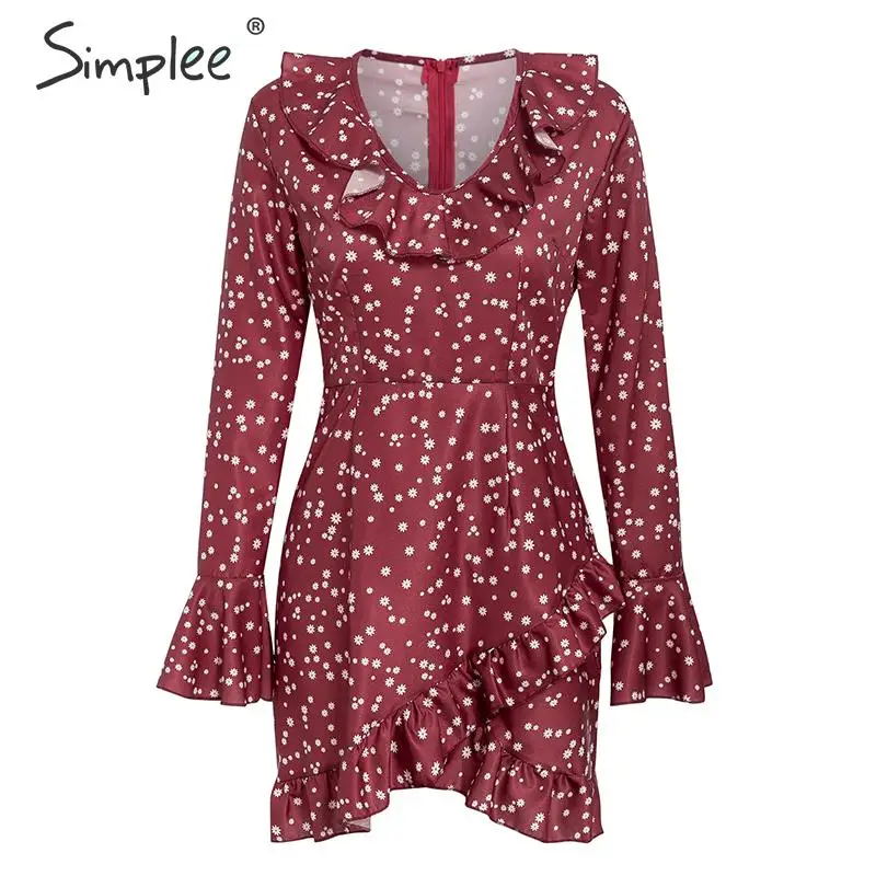 Simplee Sexy v-образным вырезом женщин праздничное платье с рюшами и высокой талией с цветочным принтом A-Line с длинным рукавом дамы осень-зима мини-платье