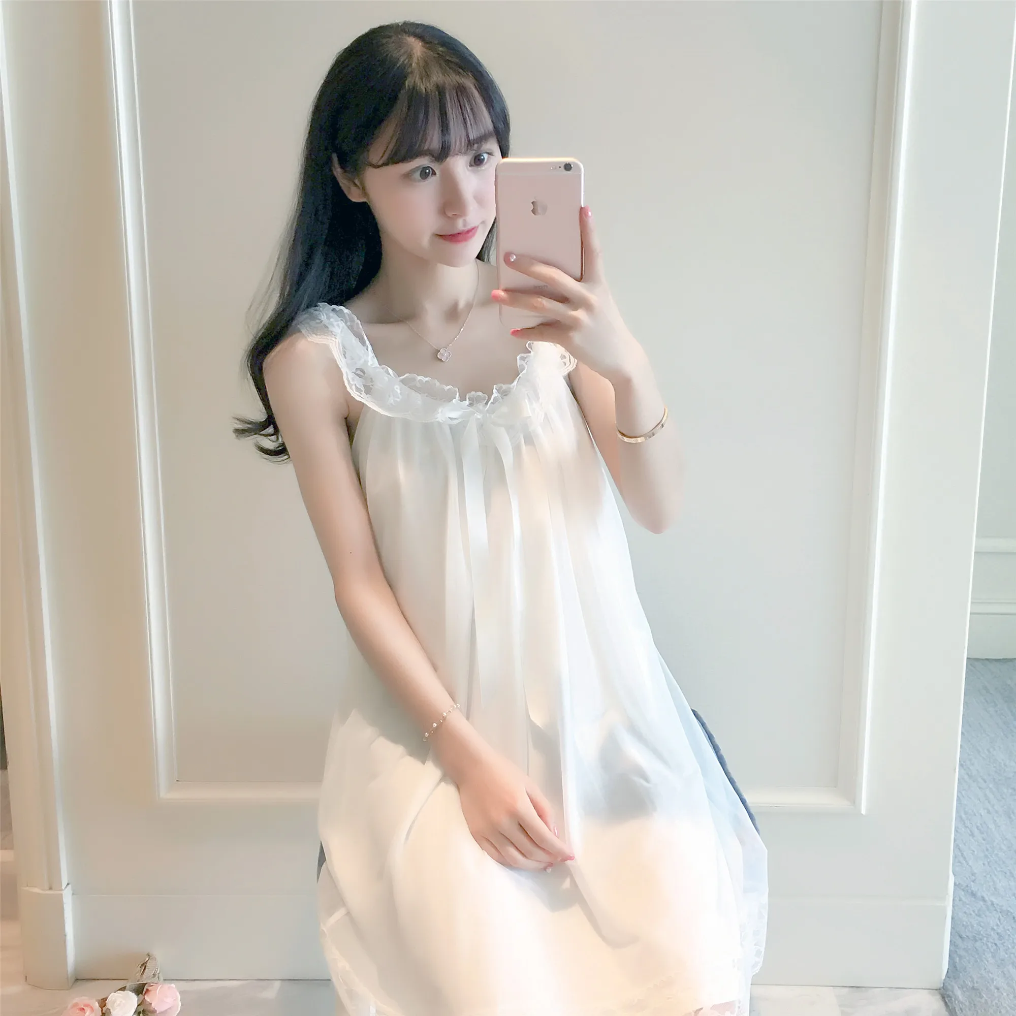Summer Women Silk Sleepwear Sexy Princess Shoulder-Straps Nightgown Ruffle Lace Patchwork Chiffon Female Dress Sweet Sleep | Женская
