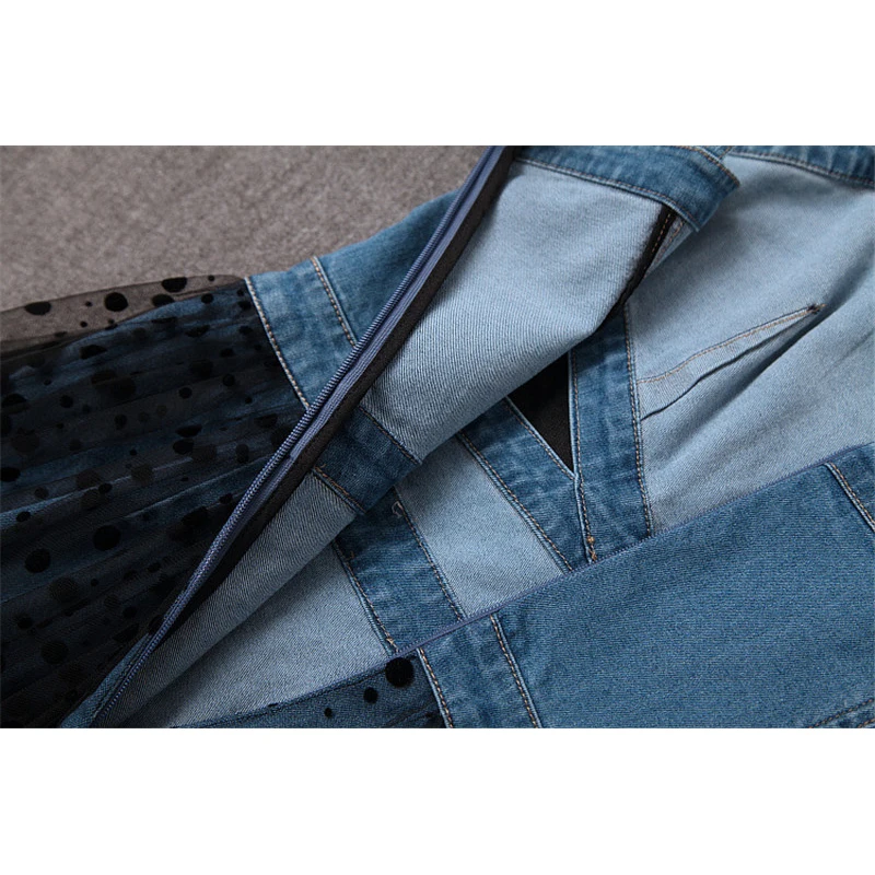 

Women 2019 New Style Flocking Tulle Patchwork Sexy Spaghetti Strap Denim Dress Casual Fashion Designer Summer Dresses Vestidos