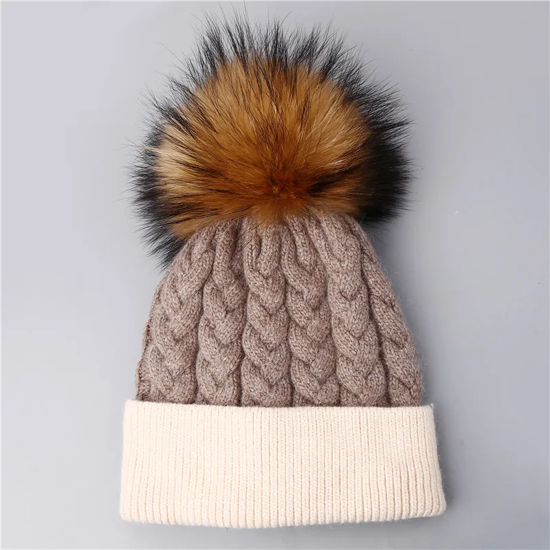 kakhi beige Xthree зимнее, связанное из шерсти шапочки кашемировые настоящие норковые Меховые помпоны Skullies hat для женщин девочек hat feminino - Цвет: kakhi beige