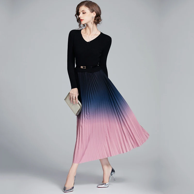 Fitaylor новинка сексуальное v-образный вырез вязаное плиссированное длинное платье