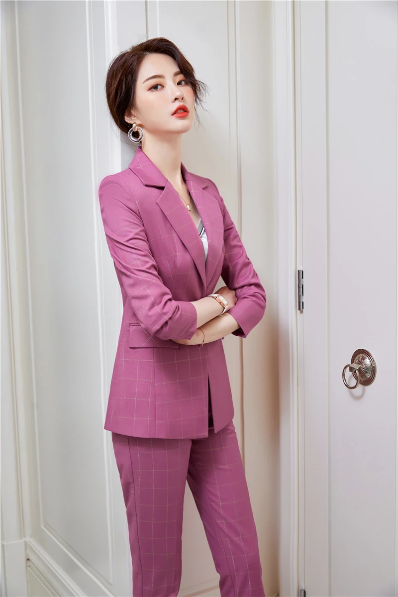 

Autumn Winter Uniform Designs Pantsuits for Women Profoessional Formal OL Styles Elegant Plaid Career Interview Clothes Blazers