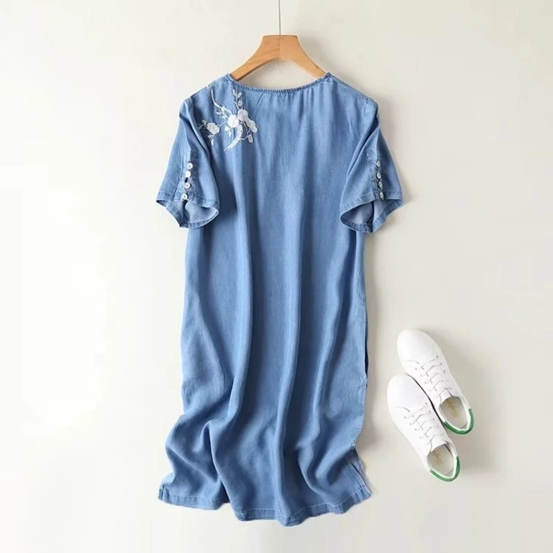 2020 новое летнее прямое джинсовое платье с цветочной вышивкой в китайском стиле