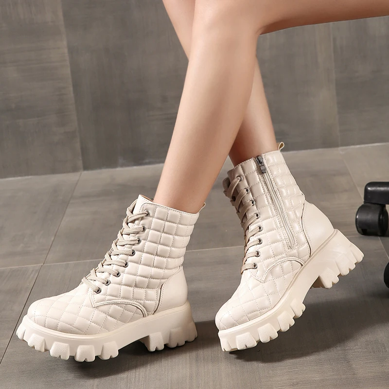 

New Autumn Female Martin Boots Thick-soled Motorcycle Boots Round-toe Zipper Women's Mid-heel Nude Boots Lace-up Combat Boots